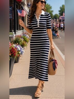 LOFT Navy and White Striped Polo-Knit Maxi Dress